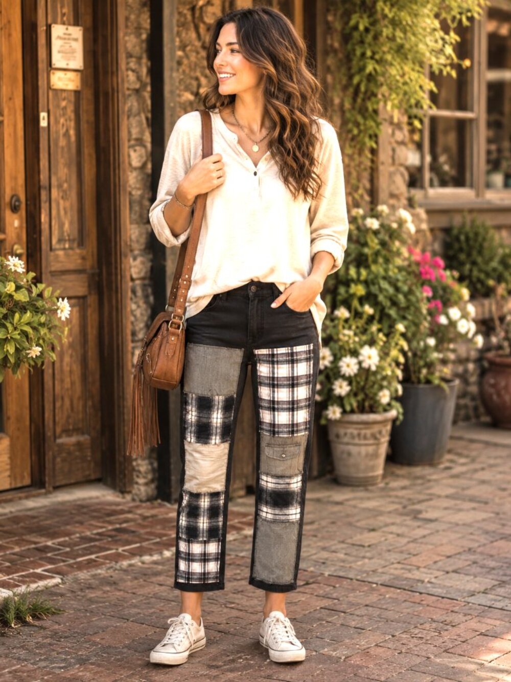 Upcycled Boho Patchwork Jeans Brown Hippie Grunge Pants Women's Size 8 Short